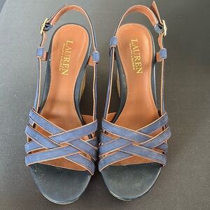 LAUREN RALPH LAUREN Quaylin Navy and Tan Wedge Sandals